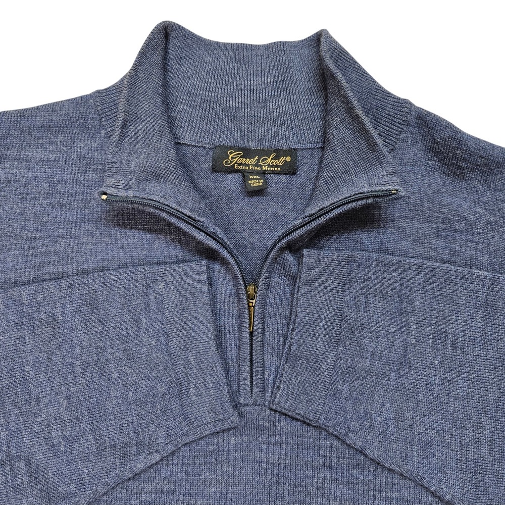 Garret Scott Mens XXL Blue Extra Fine Merino‎ Wool Quarter Zip Sweater Pullover